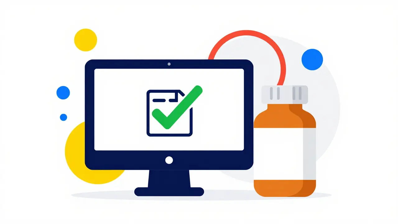 Pantalla de computadora mostrando una receta médica segura en estilo Memphis.