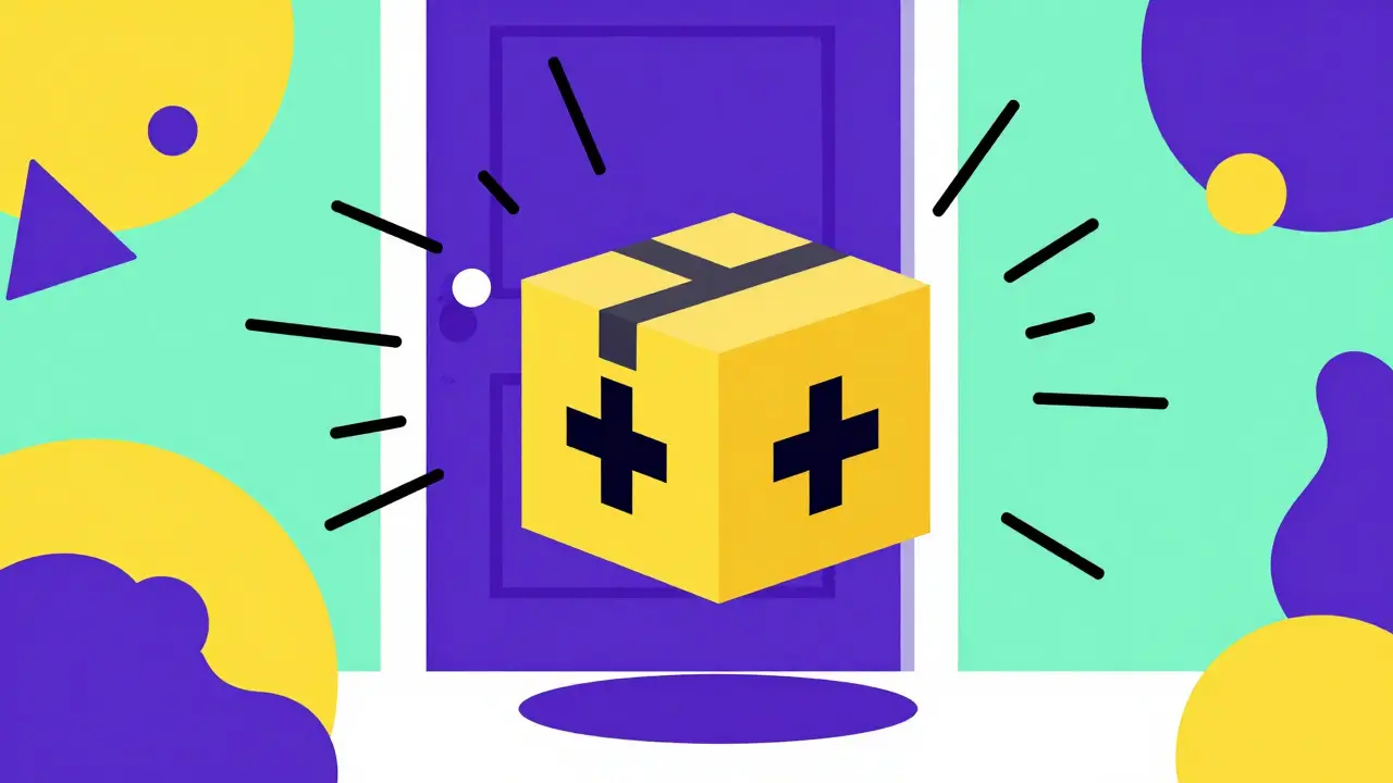 Paquete de medicamento llegando a domicilio en un entorno abstracto y colorido.