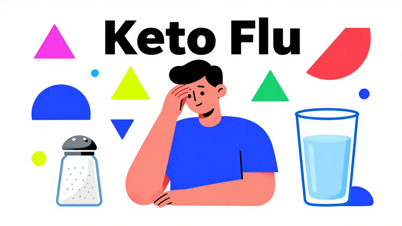 Persona con símbolos abstractos de electrolitos y agua en un diseño geométrico y colorido.