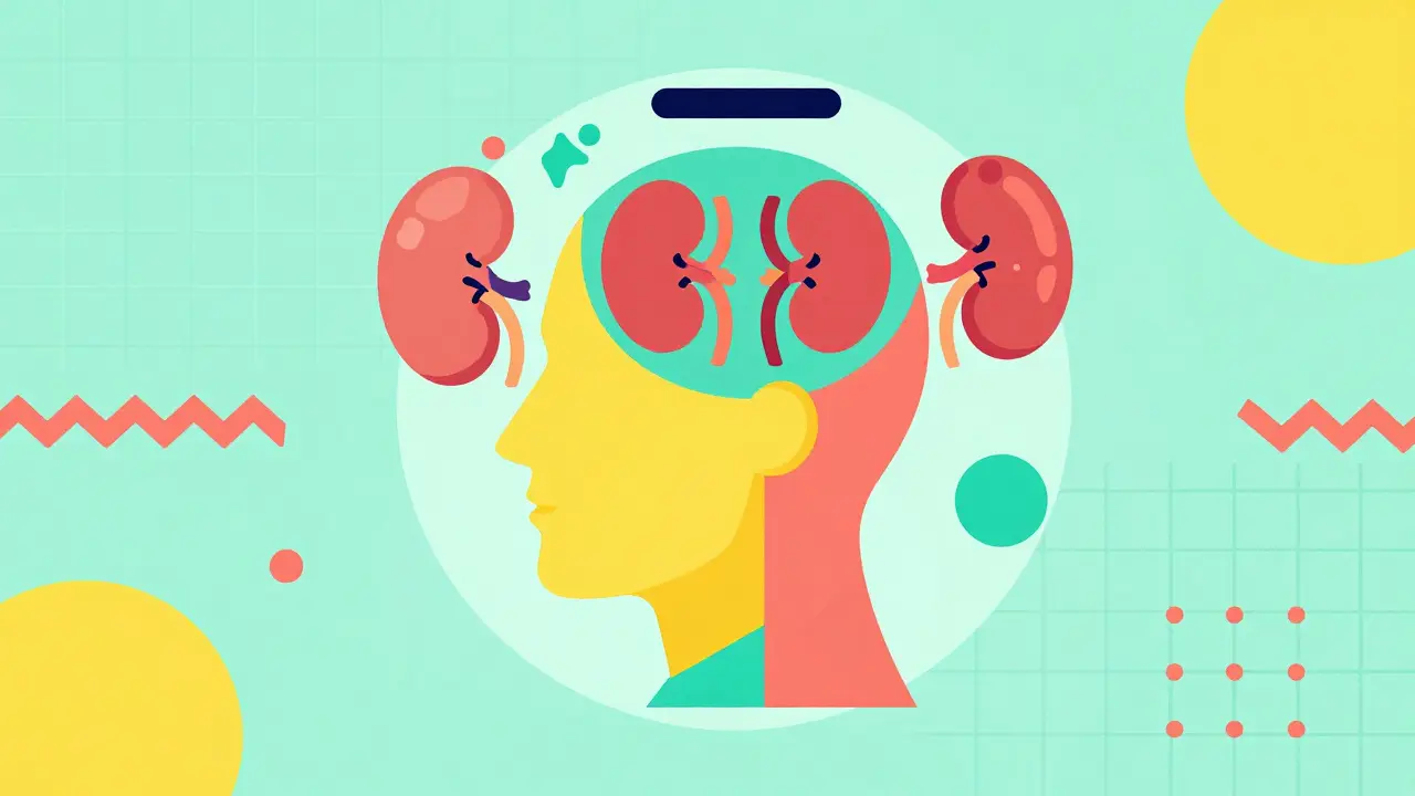 Silueta humana geométrica estilo Memphis rodeada de iconos de riñón y tiroides.