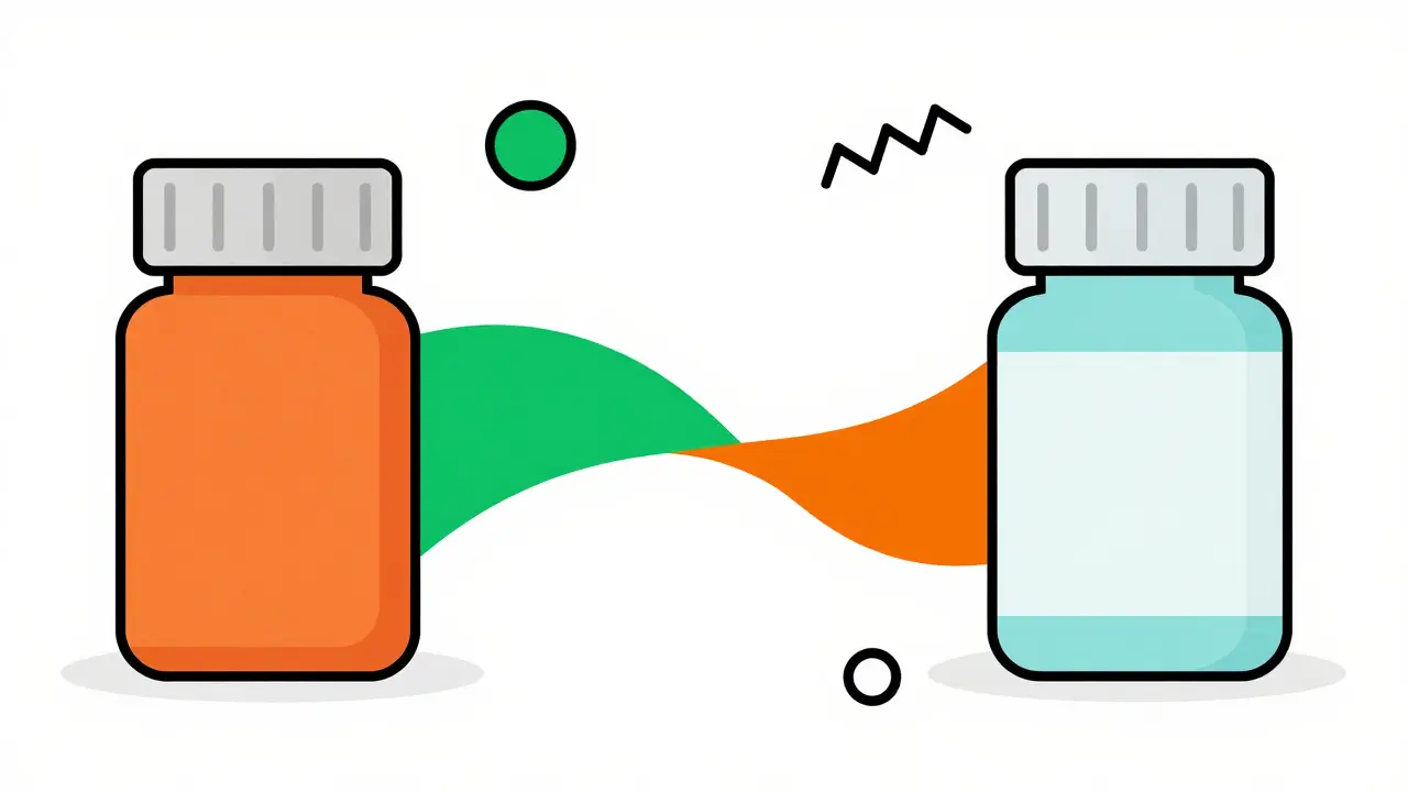 Comparación gráfica entre medicamentos de marca y genéricos con diseño geométrico.