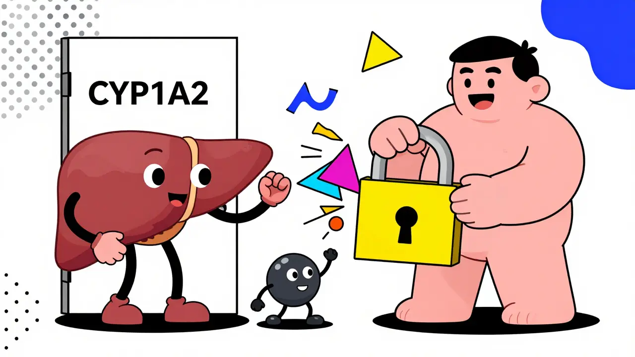 Dibujo animado que muestra cómo un antibiótico bloquea el metabolismo hepático