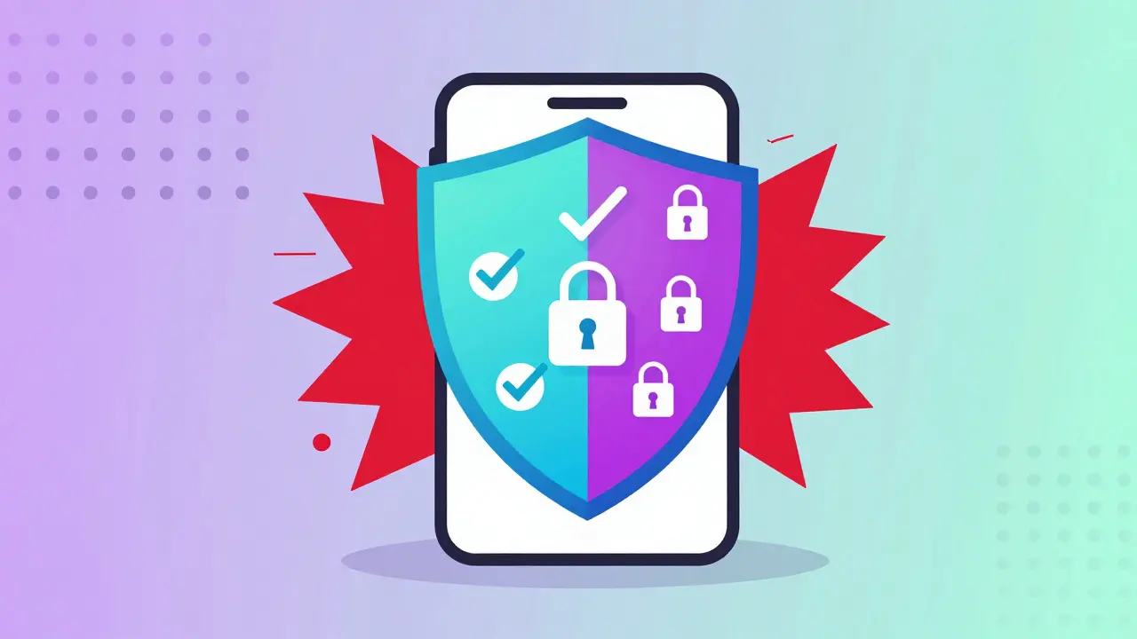 Escudo protector simbólico sobre un teléfono representando farmacias seguras en línea.
