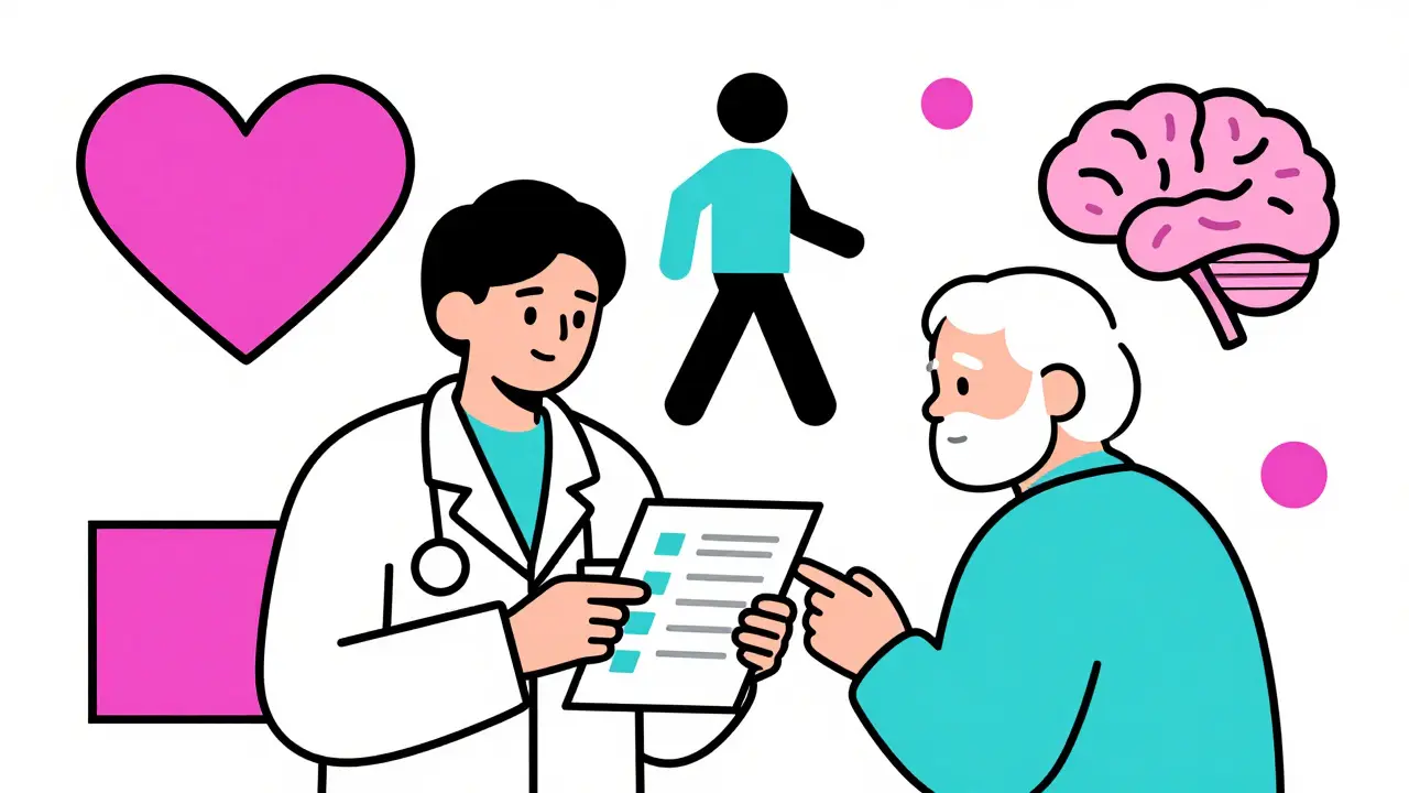 Médico y paciente revisan medicación con íconos geométricos coloridos.