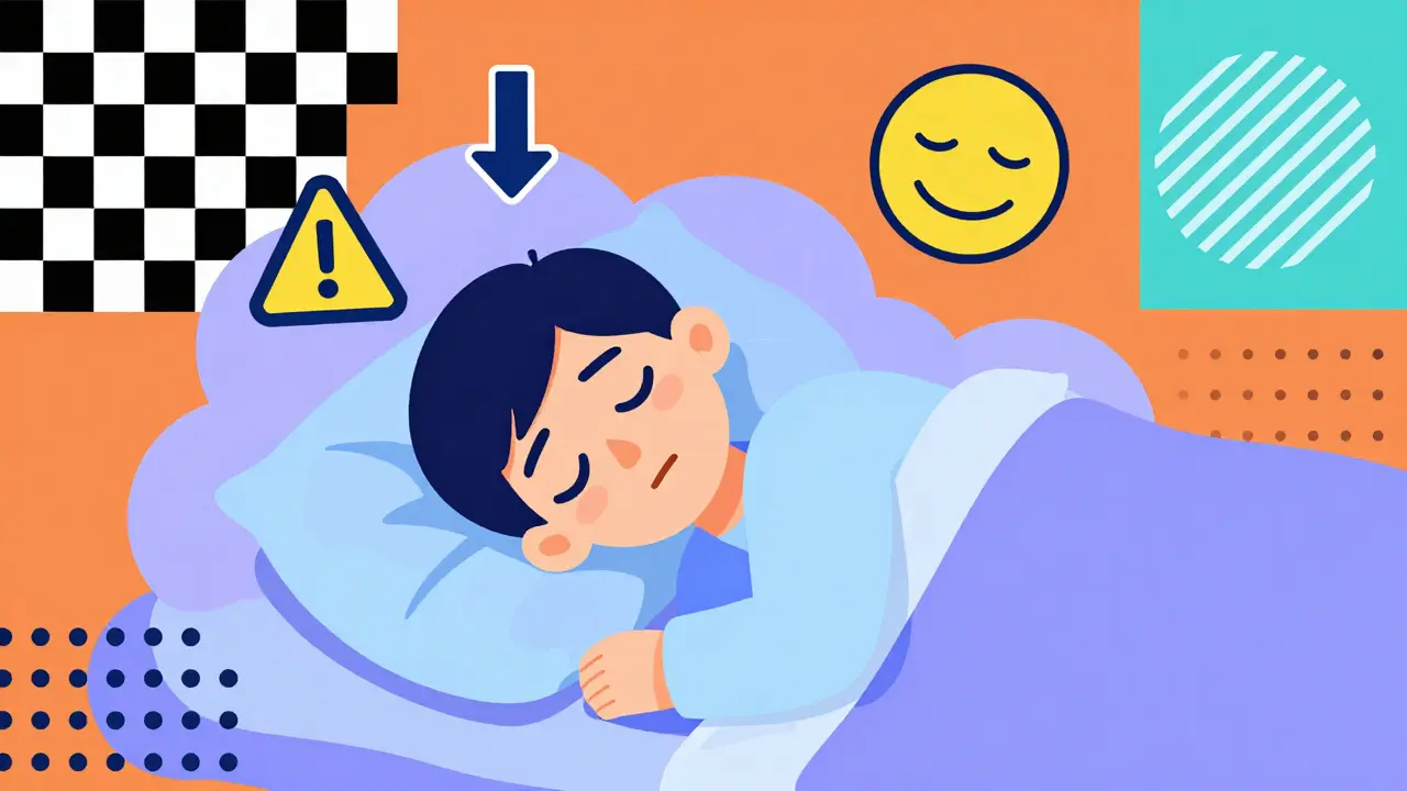 Personaje dormido rodeado de símbolos geométricos de advertencia médica