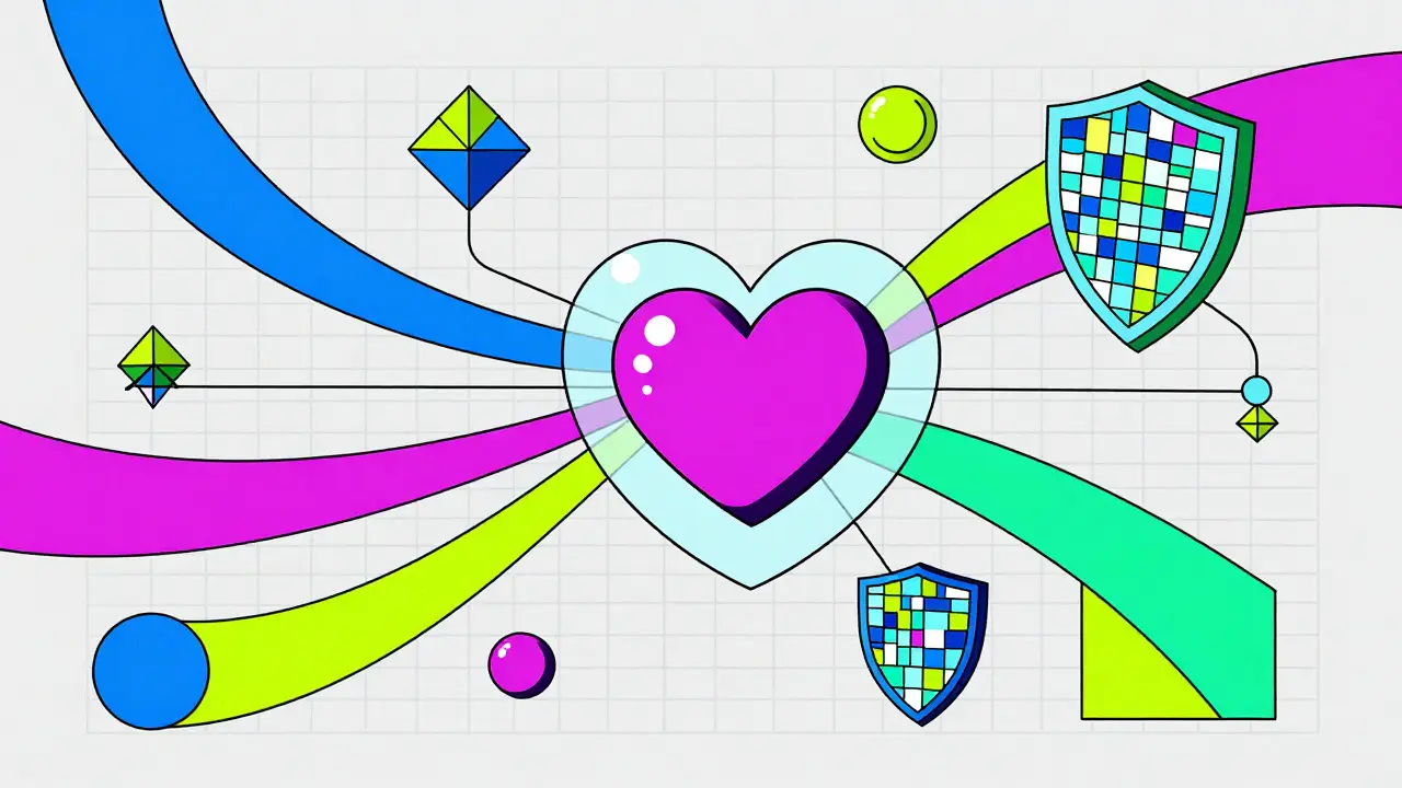 Representación abstracta de tecnología sanitaria futura con flujos de datos y corazones geométricos.
