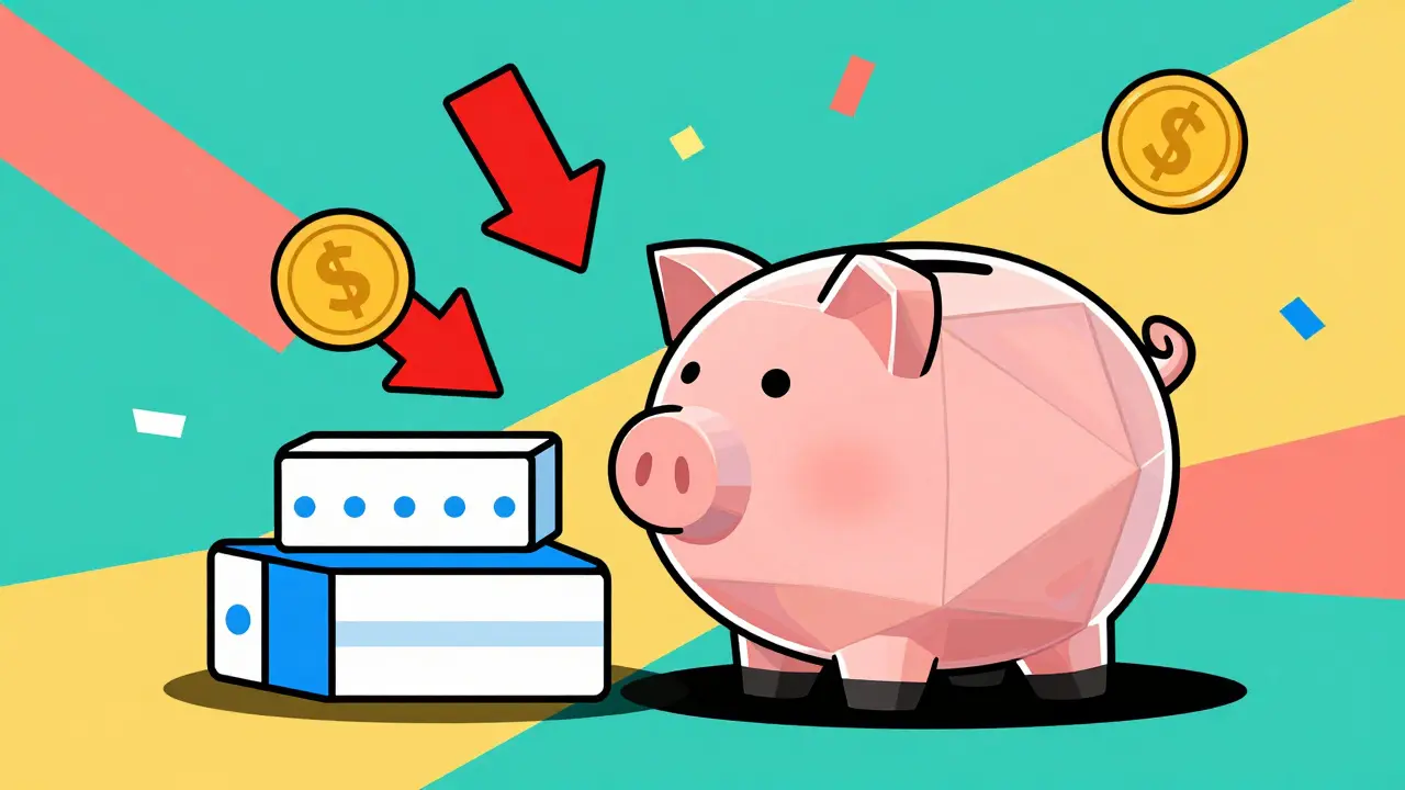 Ahorro económico en antibióticos con ilustración geométrica colorida