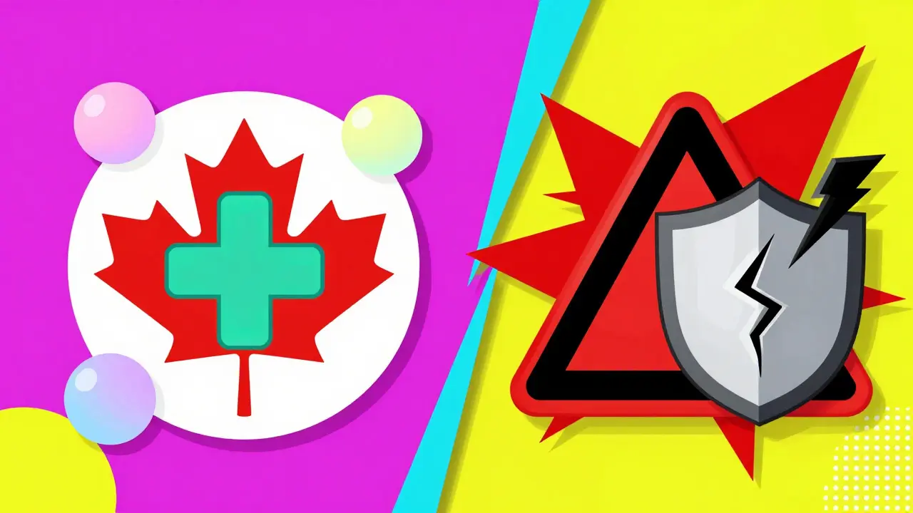 Contraste entre farmacias seguras y fraudulentas en diseño Memphis