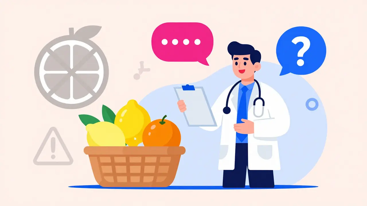 Doctor aconsejando frutas seguras frente a la toronja prohibida en arte plano