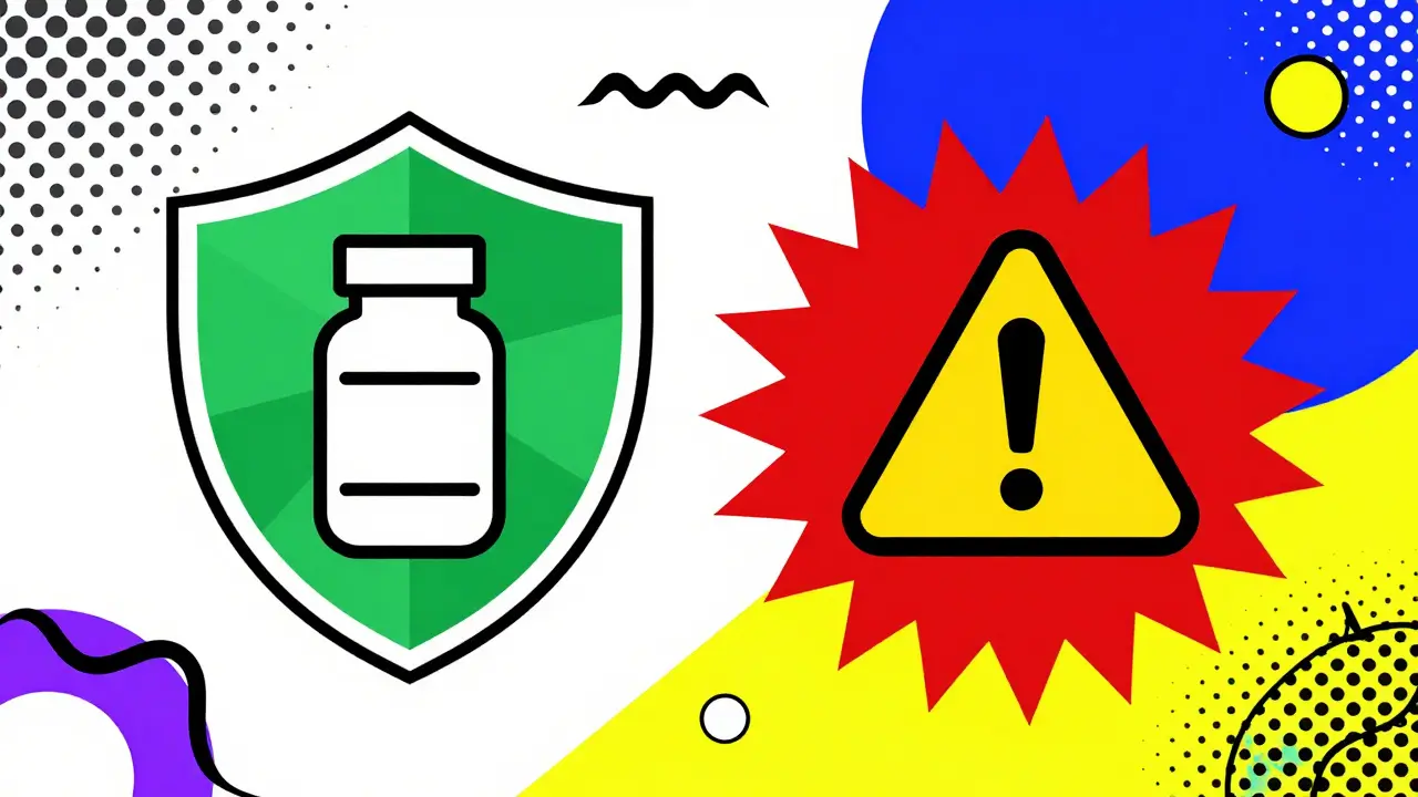Escudo protector y botella de medicina rodeados de patrones geométricos vibrantes