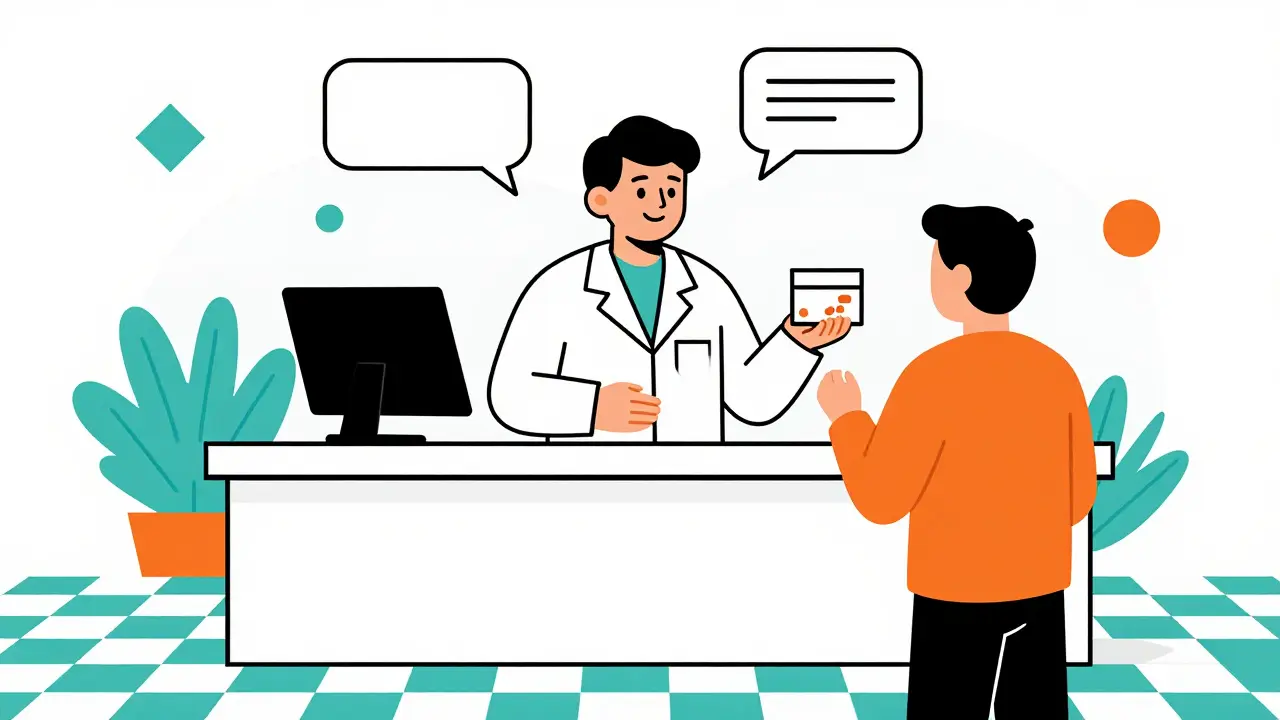 Farmacéutico asesorando a un cliente en una escena ilustrada estilo Memphis