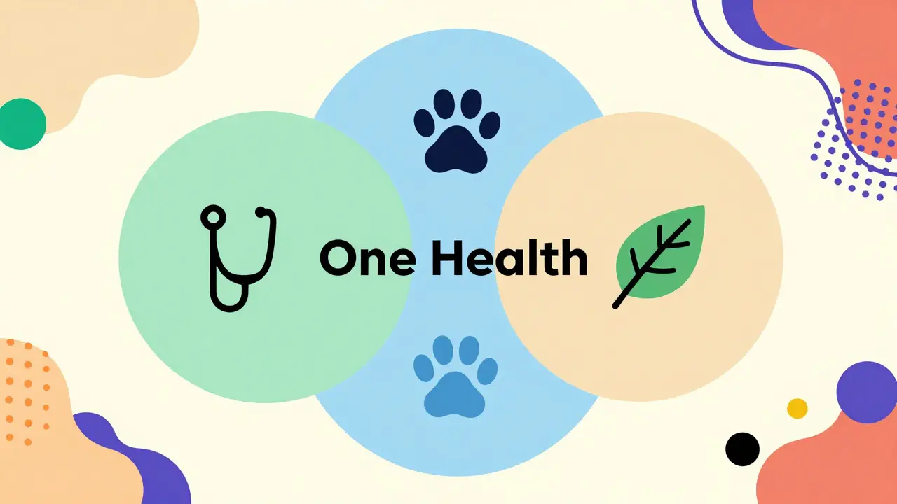 Ilustración abstracta que conecta la salud humana, animal y ambiental