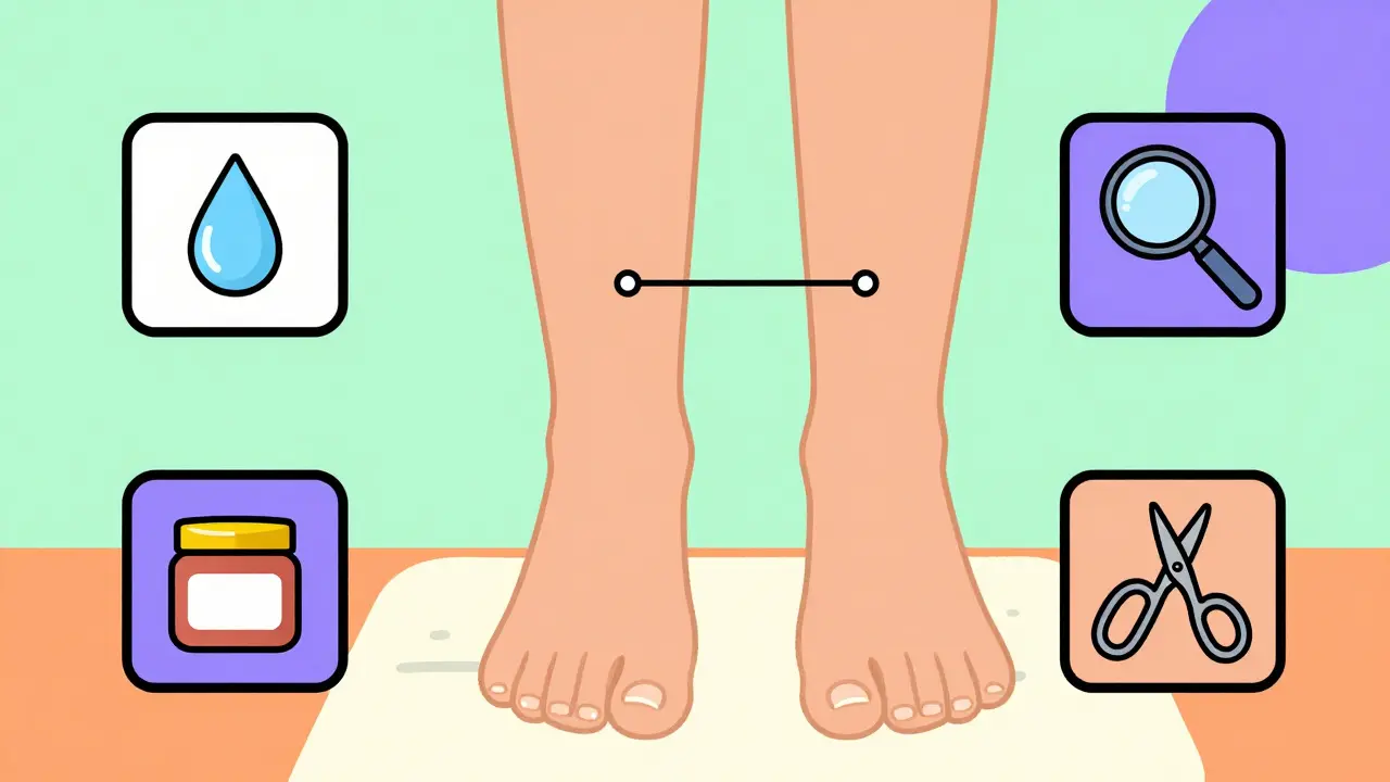 Ilustración de pies con íconos geométricos flotantes para la rutina diaria de cuidado