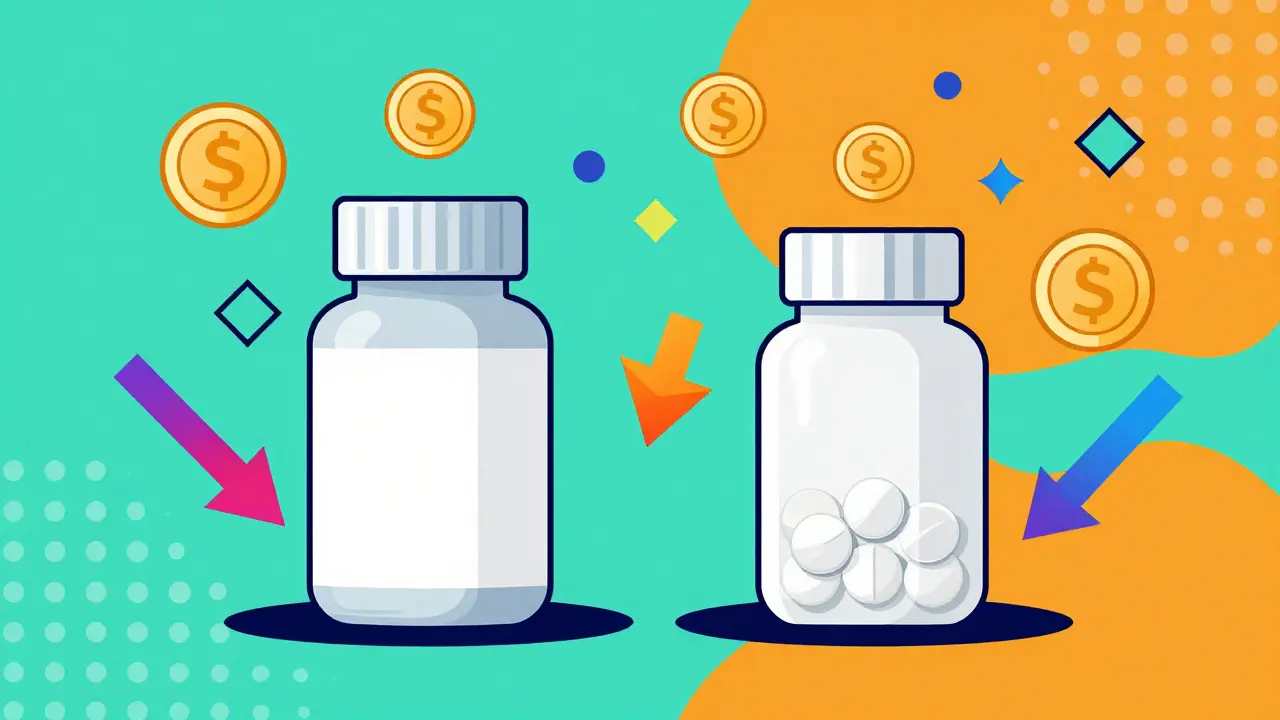 Ilustración Memphis comparando medicamentos genéricos y marca con monedas y formas brillantes