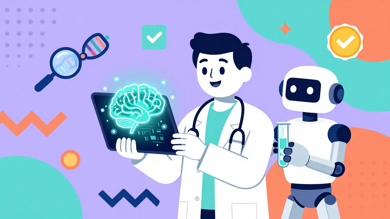 Médico futurista y robot con datos genéticos en arte gráfico Memphis