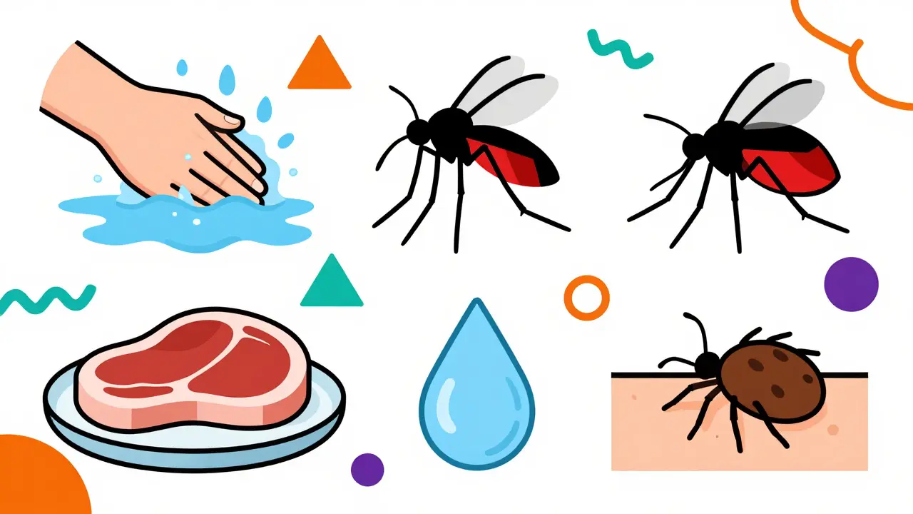 Símbolos gráficos ilustran las cinco rutas de transmisión de zoonosis