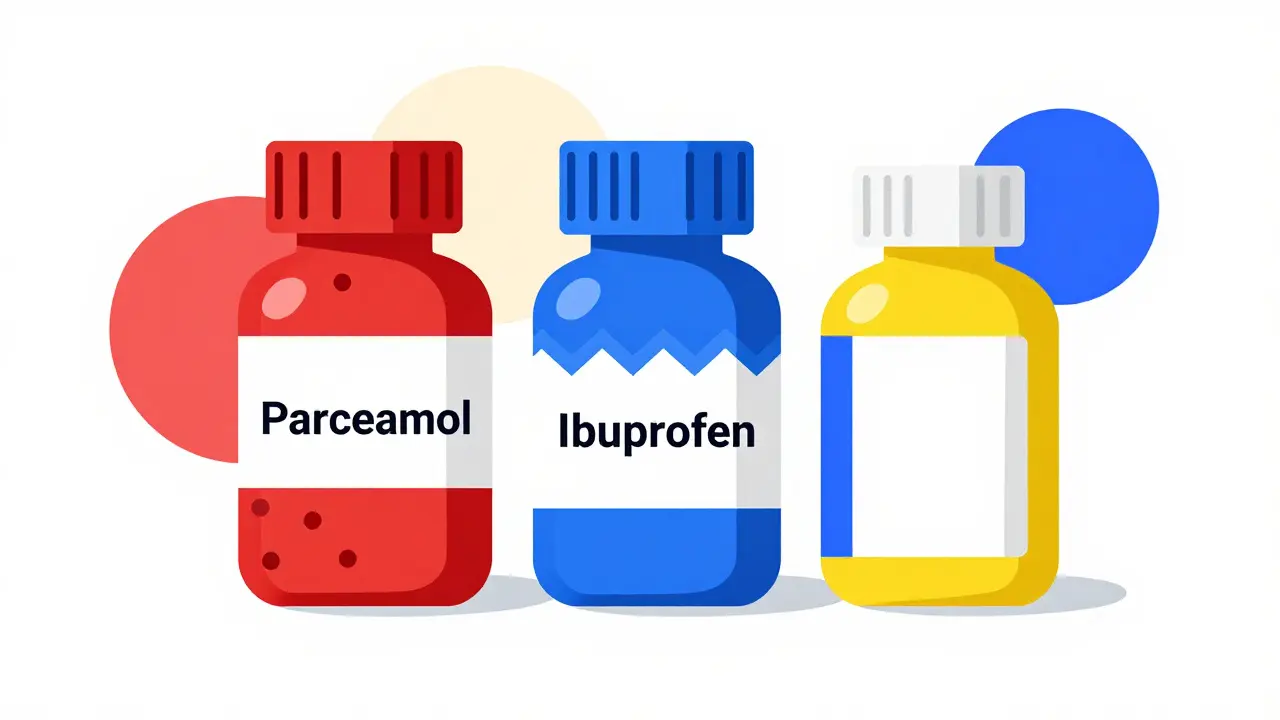 Tres botellas de medicamentos diferenciadas por patrones abstractos y colores vivos