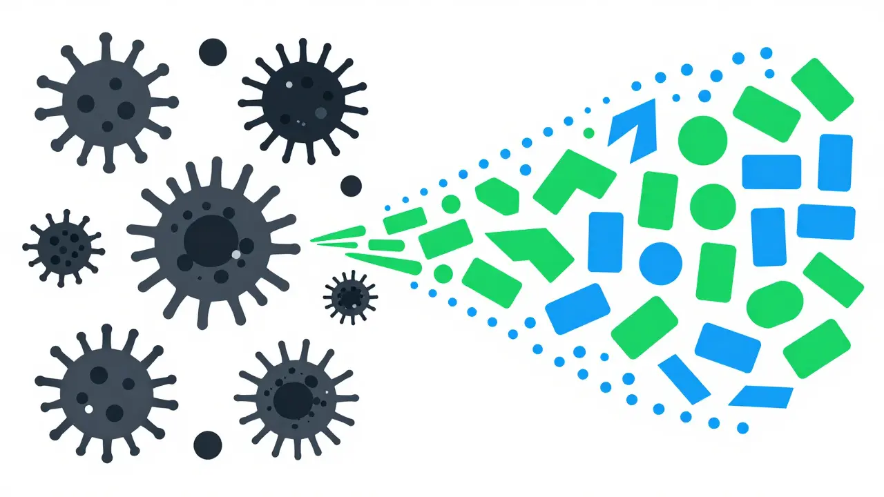 Concepto visual de resistencia bacteriana vs tratamiento efectivo con formas geométricas