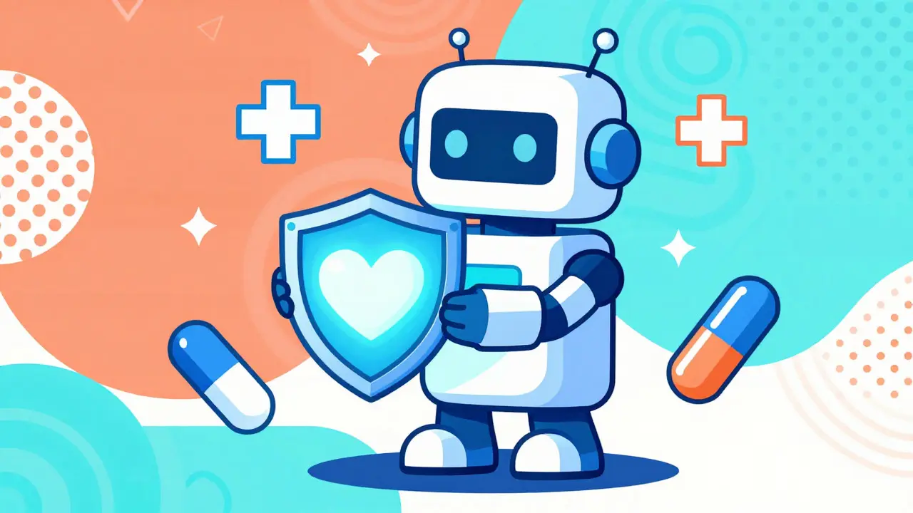 Diseño Memphis: robot amigable y escudo brillante rodeado de símbolos médicos futuristas y patrones geométricos vibrantes.