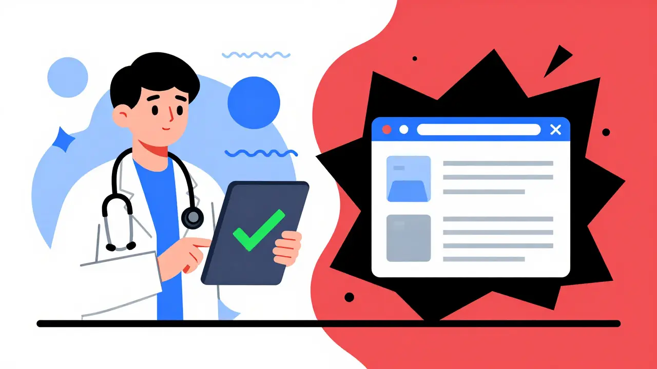 Doctor caricatura con tableta segura frente a formas abstractas de peligro online