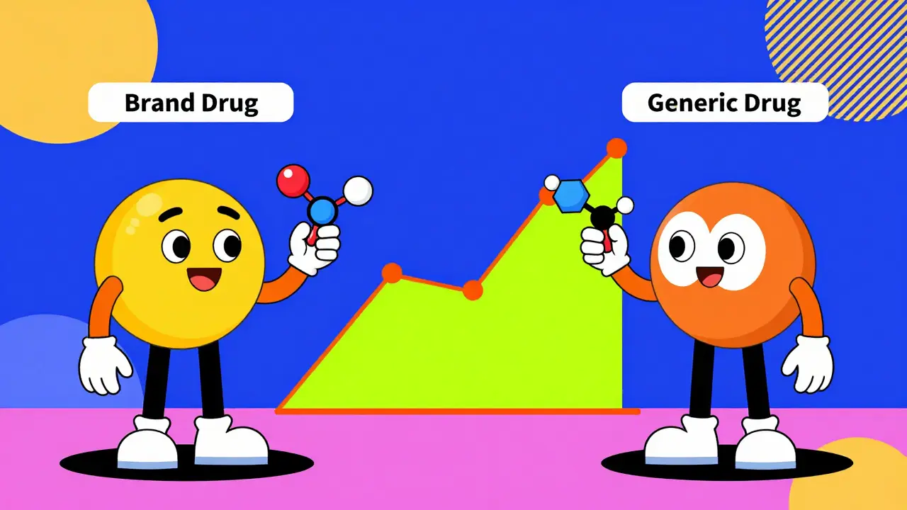 Escena ilustrada de prueba de bioequivalencia con moléculas geométricas coloridas