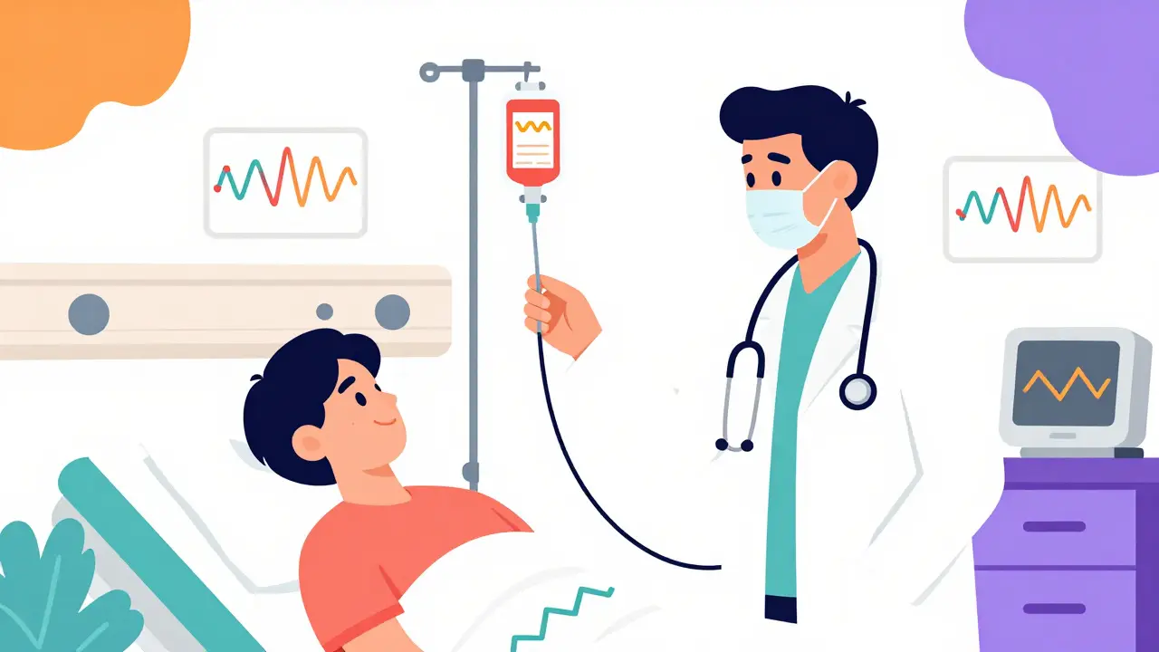 Especialista administrando tratamiento IV en entorno hospitalario con diseño gráfico abstracto