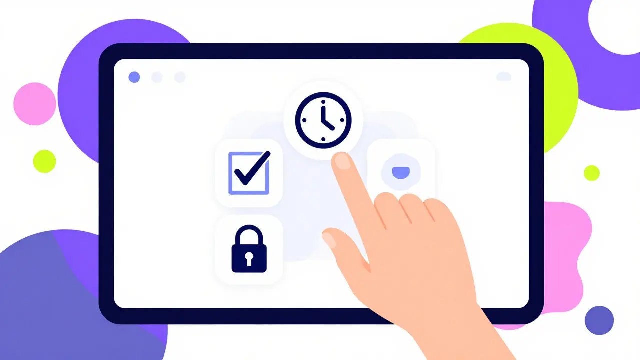 Estilo Memphis: mano interactiva con íconos abstractos de seguridad y tiempo en una interfaz de salud moderna y colorida.