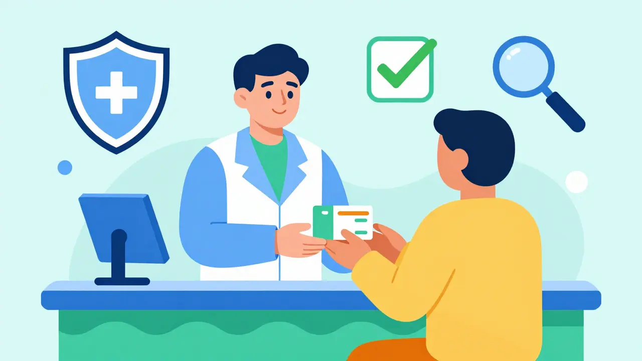 Farmacéutico estilizado entregando medicina a un paciente en diseño Memphis