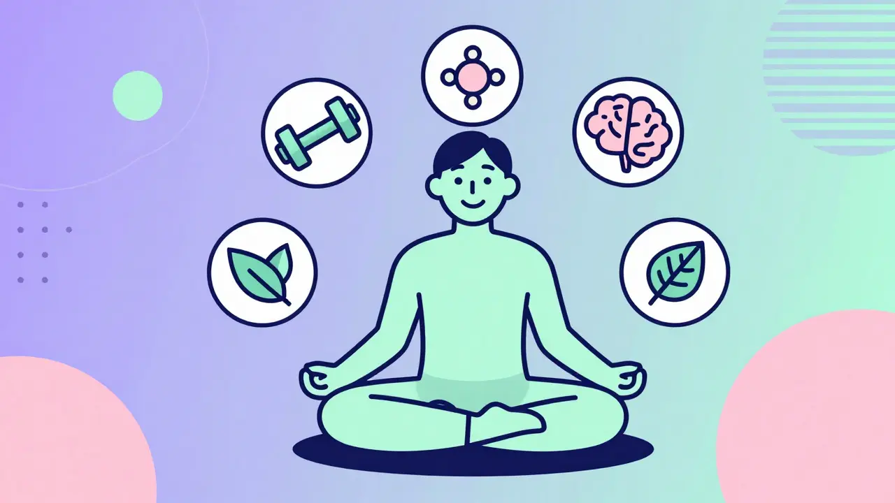 Figura meditando rodeada de íconos geométricos de terapia y ejercicio estilo Memphis