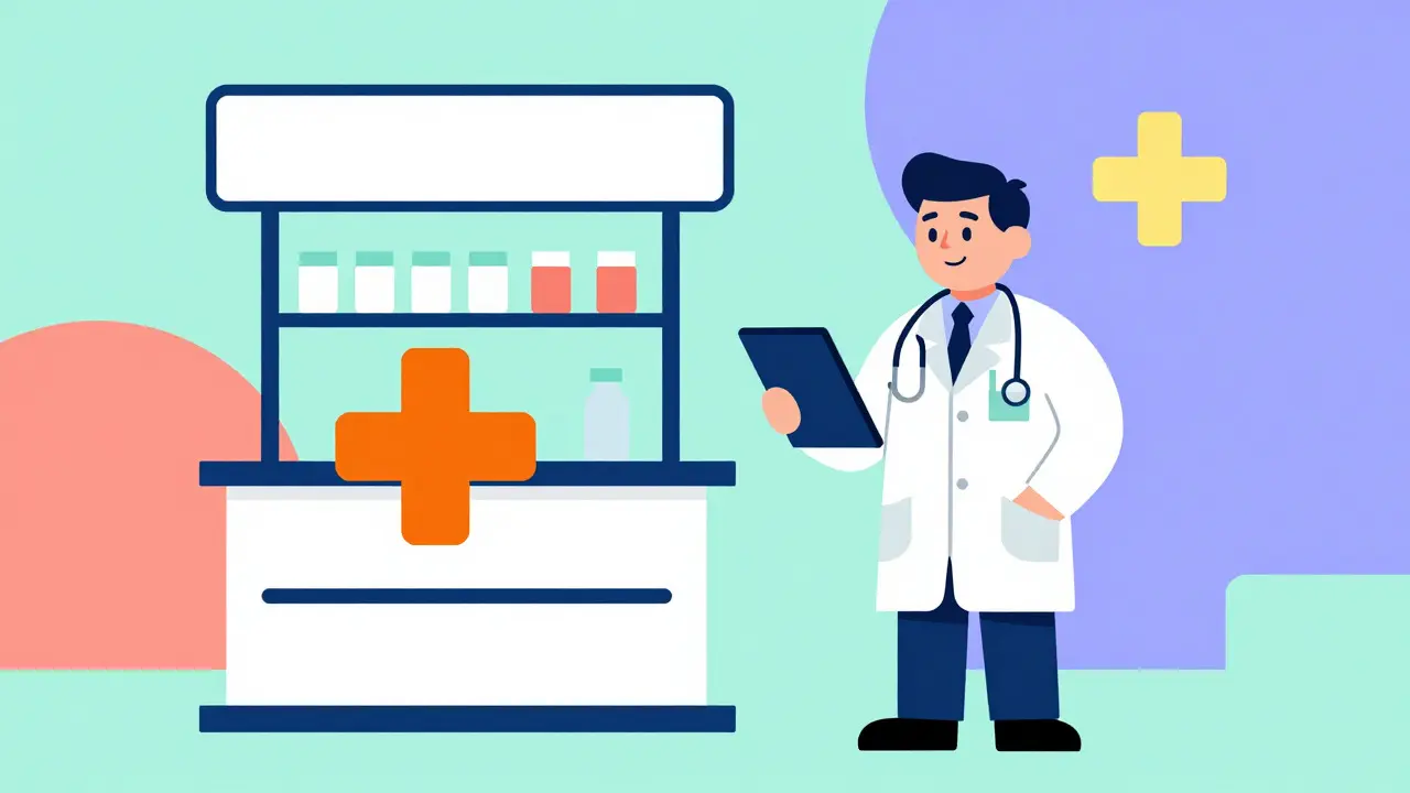 Médico amable junto a símbolo de farmacia en ilustración vectorial colorida y segura.