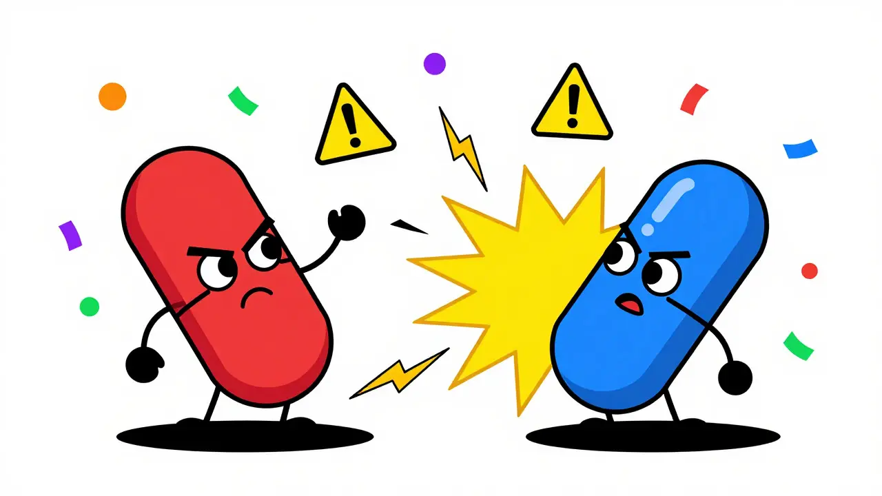 Pildoras de ibuprofeno y warfarina colisionando en estilo gráfico Memphis