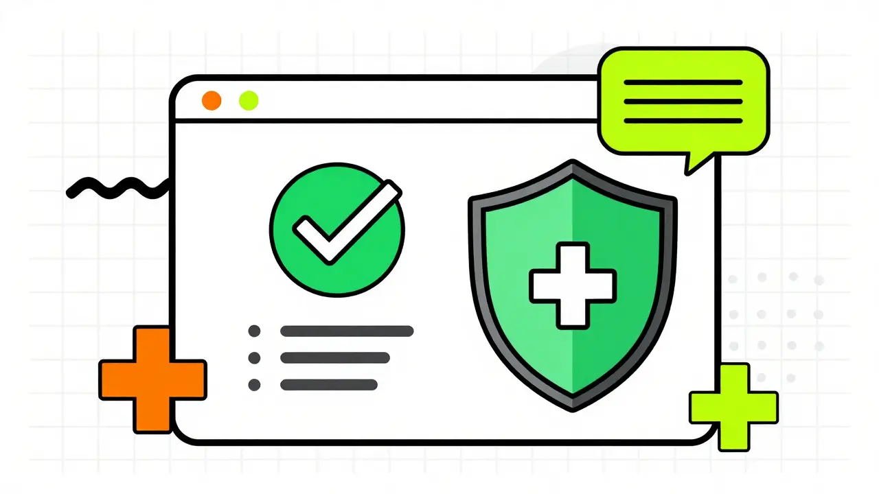 Arte gráfico abstracto con escudos y checks verdes simbolizando la telemedicina segura y legal.