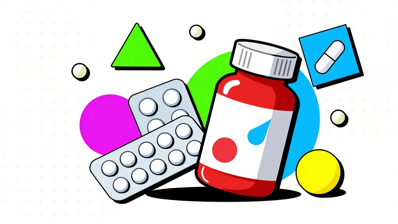 Botellas de medicamentos con iconos geométricos coloridos