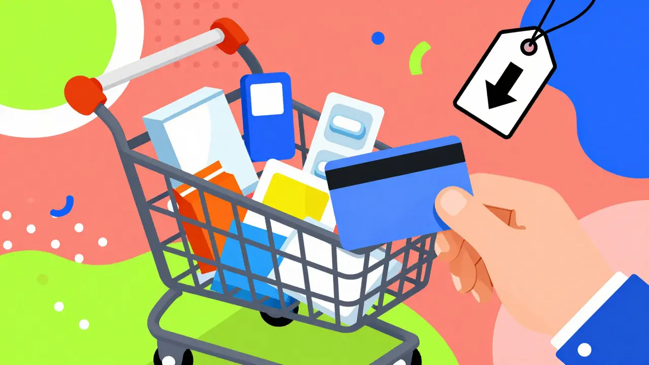 Carrito de compras digital con cajas de medicina y tarjeta de crédito en ilustración colorida