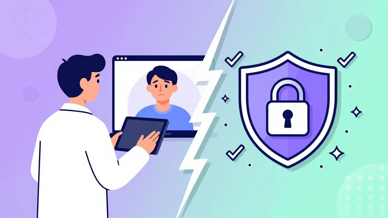Consulta médica por videollamada y escudo de seguridad en diseño gráfico abstracto