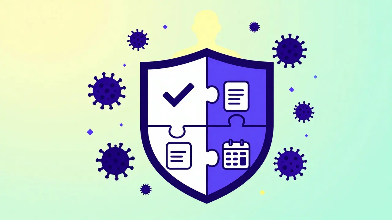 Escudo protector con iconos médicos bloqueando bacterias en ilustración estilo Memphis