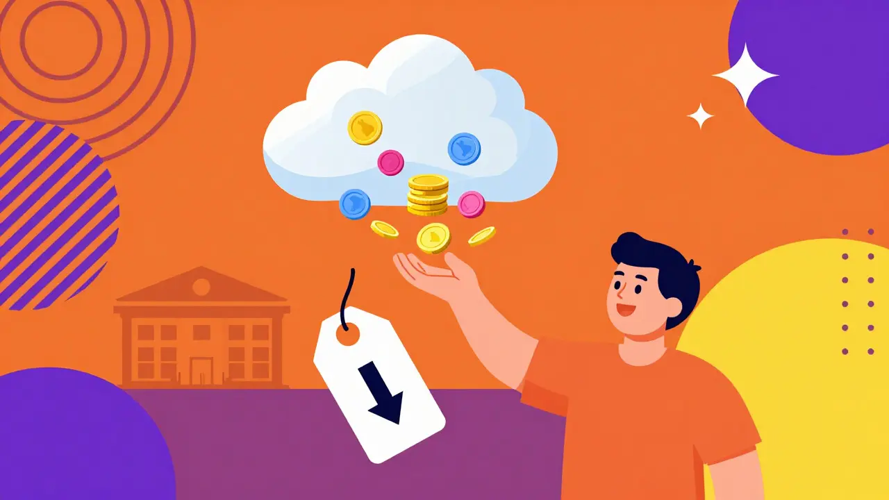 Figura alegre alcanzando monedas que caen de una nube en diseño gráfico Memphis