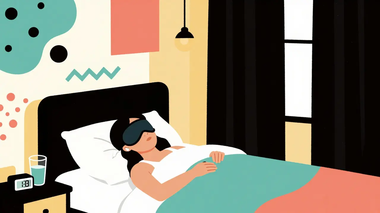 Habitación oscura con máscara y tapones para dormir de día