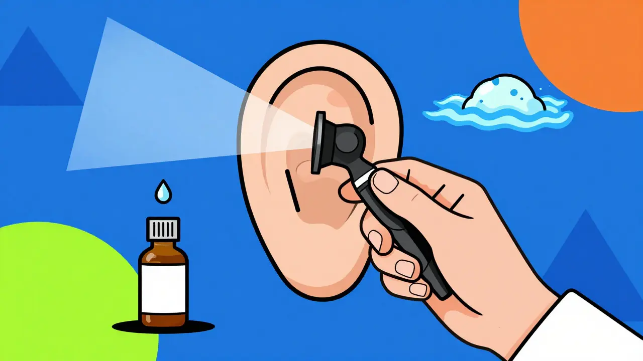 Ilustración estilo Memphis de diagnóstico médico y tratamiento del cerumen