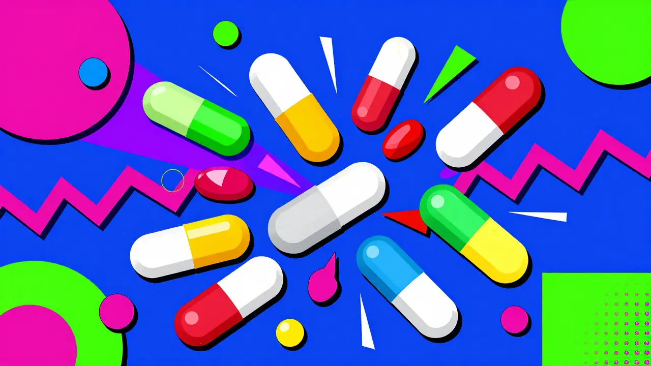Pastillas y cápsulas interactuando en composición caótica y colorida