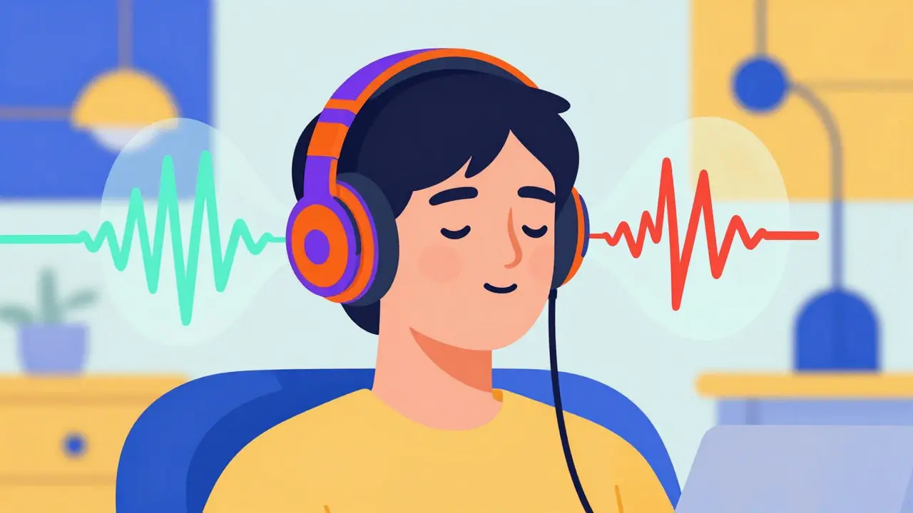 Persona usando auriculares con patrones para aliviar el zumbido