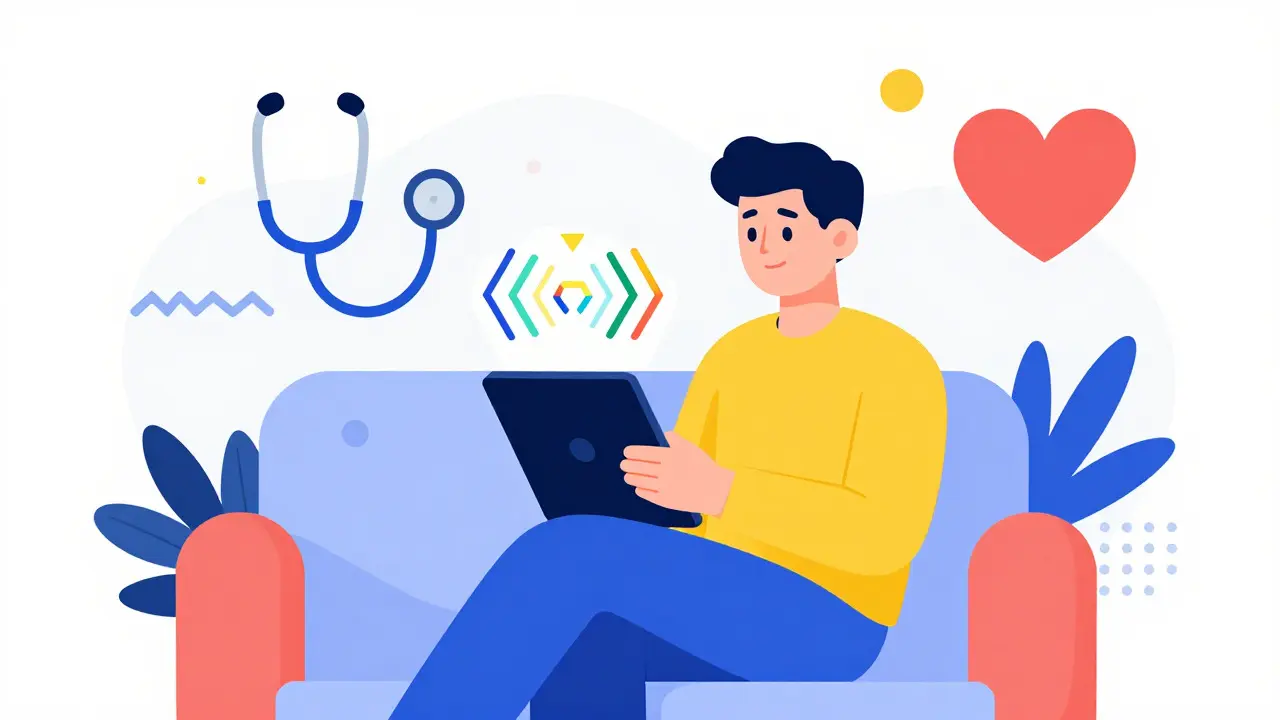 Persona usando telemedicina en casa con elementos gráficos abstractos coloridos