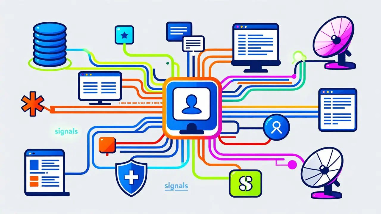 Red de datos farmacéuticos conectados con líneas vibrantes e iconos abstractos en estilo cartoon