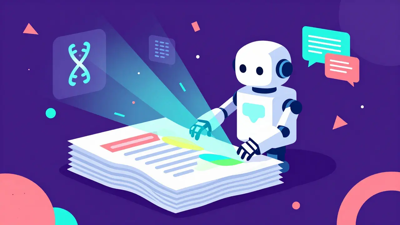 Robot analizando documentos médicos con luces de escaneo y formas genómicas en diseño Memphis