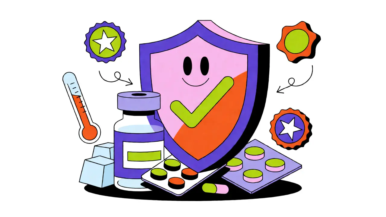 Diseño Memphis ilustrando la seguridad y verificación de farmacias online certificadas.